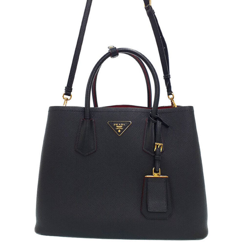 Prada Saffiano Cuir Leather Double 2way Shoulder Bag Black